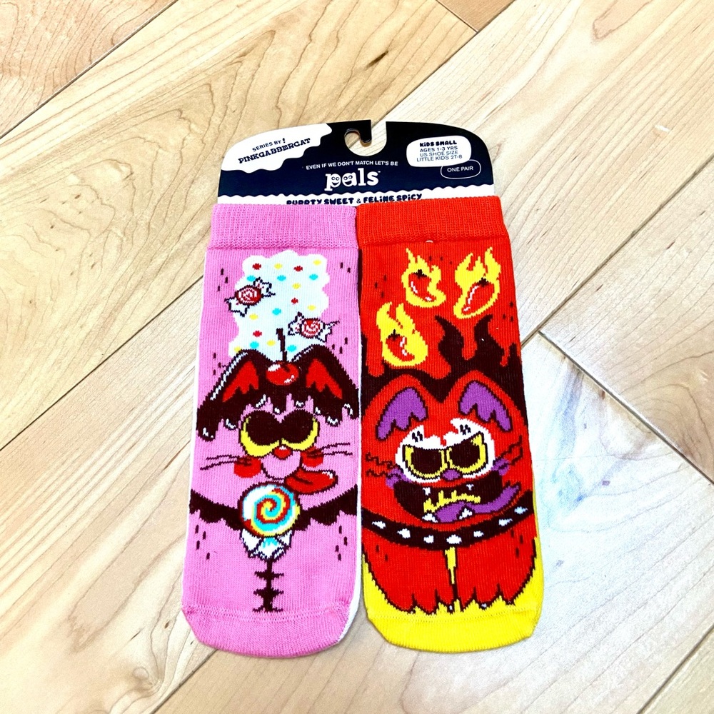 Toddler mismatched socks pals and Pinkgabbercat , purrty sweet and feline spicy